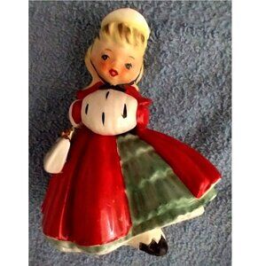 Napco 1956 Christmas Girl AX1690C Figurine Red Coat Muff Hand Painted Japan